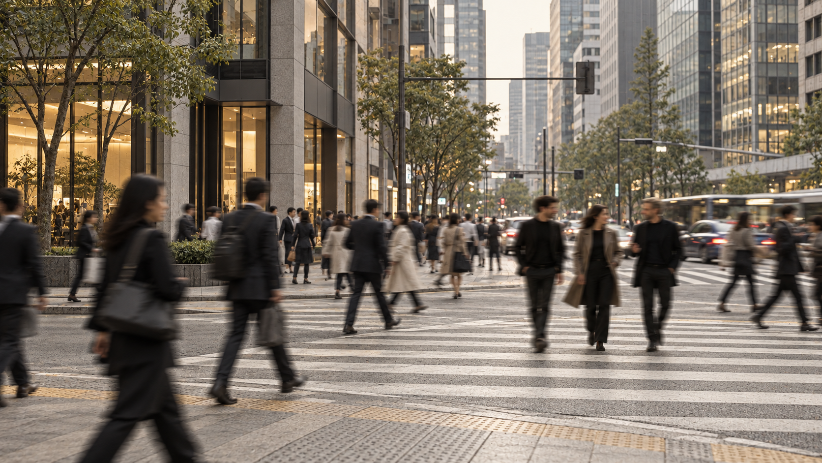 Pedestrians crossing a city street at a striped crosswalk