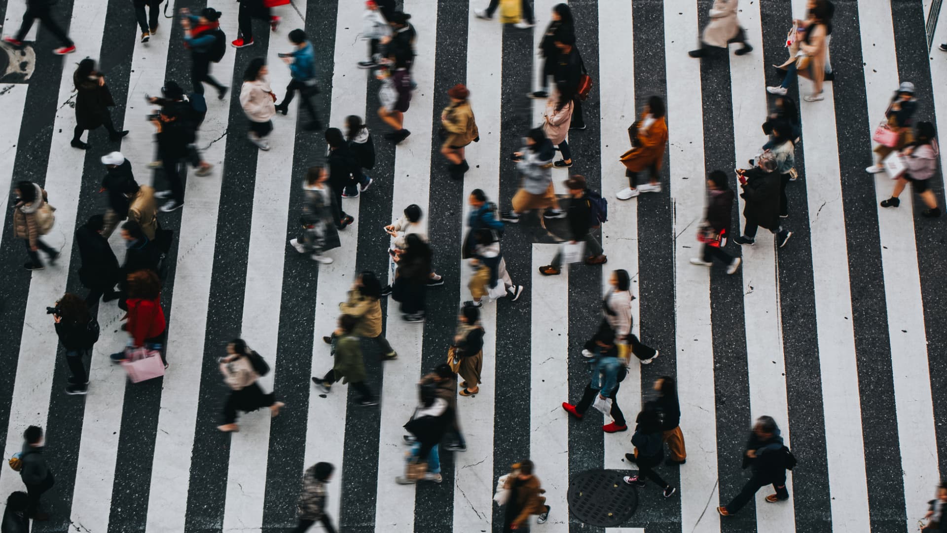 A crowd on a zebra crossing seen from directly above